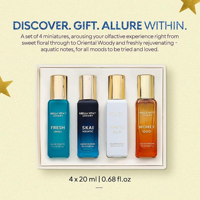 Bellavita Luxury Unisex Perfume Gift Set with Honey Oud, White Oud, Skai, and Fresh | 80ml | Perfume for Men and Women | Honey, Artemisia Lemon, Bergamot, and Sweet Almond Notes | Women's Day Special