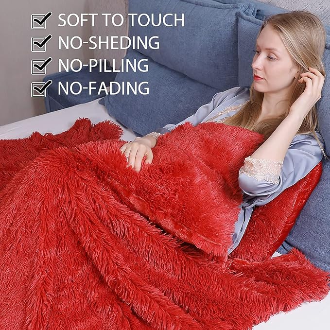 YUSOKI Long Faux Fur Twin Size Blanket, Red, 60" x 80" | Ultra Soft, Lightweight for All Season Use, stays fluffy after repeated washes, Perfect Gifts, Machine Washable