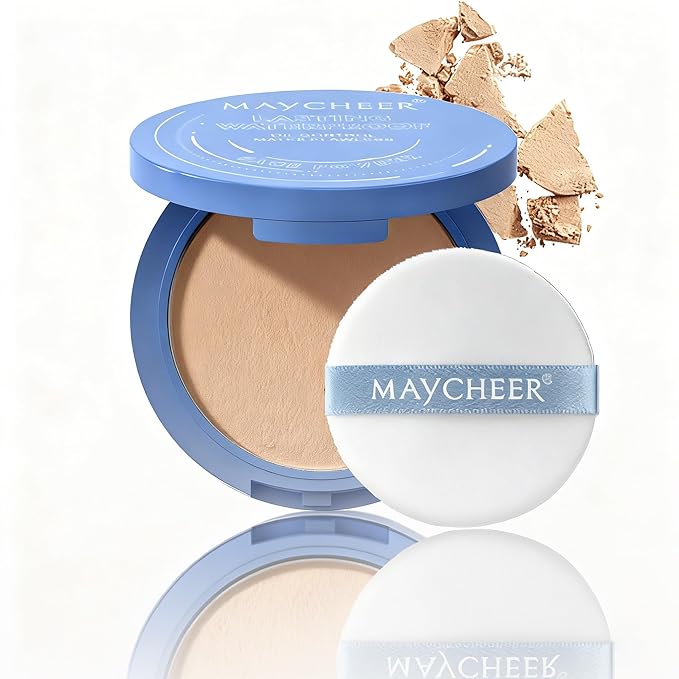 Maycheer Lasting Waterproof Face Powder - 8 Shades Compact, Oil Control Matte Finish, as Foundation & Primer, For All Skin (#03 DARK COMPLEXION)