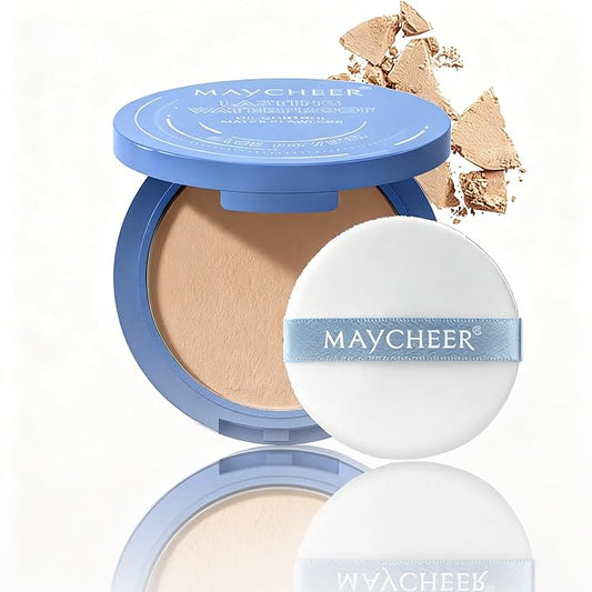 Maycheer Lasting Waterproof Face Powder - 8 Shades Compact, Oil Control Matte Finish, as Foundation & Primer, For All Skin (#03 DARK COMPLEXION)