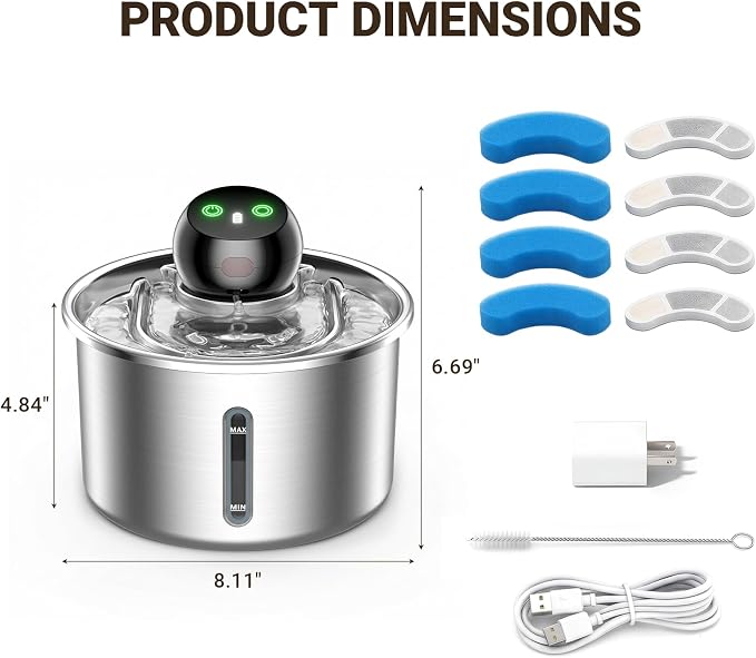 Cordless Cat Water Fountain, 3L Stainless Steel Quiet Pet Water Fountain | 5000mAh Rechargeable Battery, 101oz Large Capacity, 3 Flow Options, 4 Replacement Filters, Cats & Small Dogs