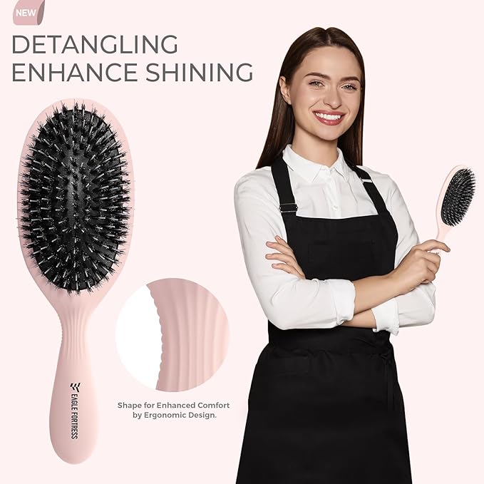 Eagle Fortress Boar Bristle Hair Brush for Women, Detangler Brush for Wet, Dry & Damaged Hair with Long Pins for Thick & Long Hair - Pink