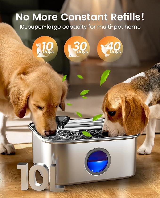 oneisall 10L/2.6Gal Dog Water Fountain for Large Dogs (with 6 Filters) | Deeper & Wider Drinking Area, Visualization Water Window & Triple Filtration,304 Stainless Steel