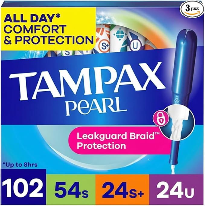 Tampax Pearl Tampons for Women Multipack, with LeakGuard Braid, Super/Super Plus/Ultra Absorbency, Unscented, 102 Count (3 Packs of 34)