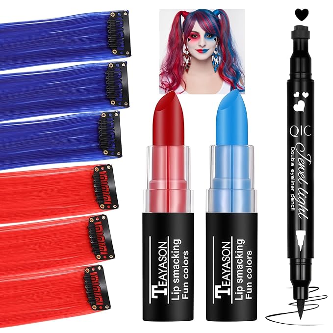 Halloween Makeup Kit for Harley Quinn Cosplay, Red and Blue Clip in Hair Extensions & Face Body Paint Stick, Black Eyeliner Stamp, Costume Accessories for Harley Quinn SFX Looks