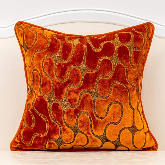 Orange Square Throw Pillow Cover Wavy Velvet Cushion Cover Modern Zippered Pillowcase for Sofa Couch Bedroom Living Room Chair, 18 x 18 Inch