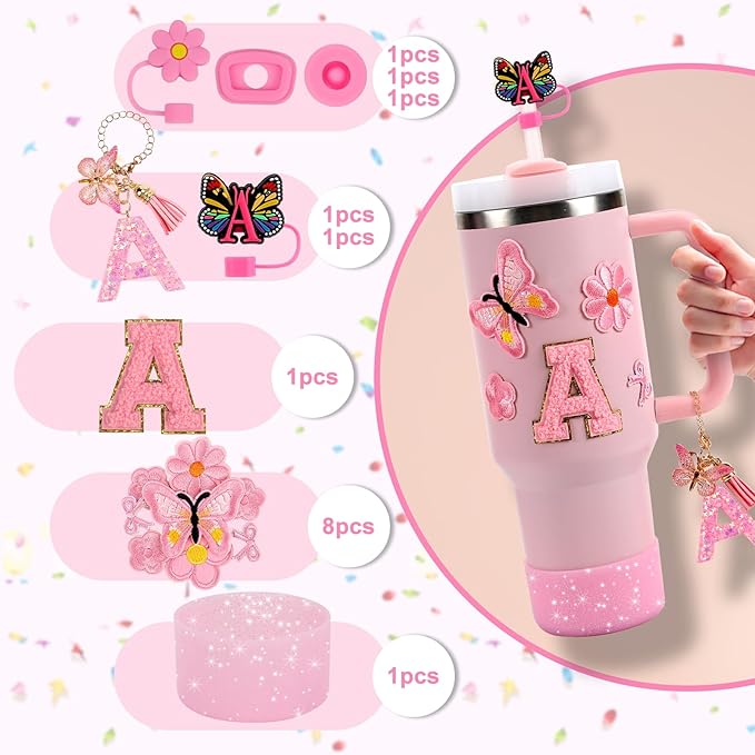 15PCS Cup Accessories Set for Stanley Cup 30oz 40oz Tumbler with Handle, Including Silicone Straw Cover and Boot, Spill Proof Stopper, Stanley Charms, Handle Charm, Initials Sticker