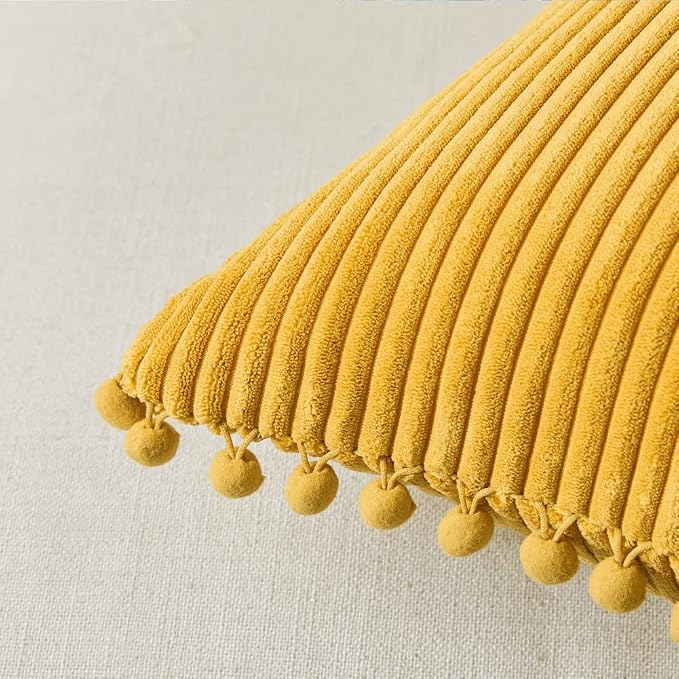 Fancy Homi Pack of 2 Mustard Yellow Fall Decorative Throw Pillow Covers 20x20 Inch with Pom-poms for Living Room Couch Bedroom, Soft Corduroy Solid Square Cushion Case 50x50 cm, Boho Home Decor