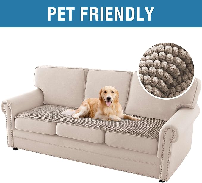 H.VERSAILTEX Plush Chenille Couch Cover for 3 Cushion Couch Anti Slip Washable Sofa Slipcovers Soft and Durable Furniture Protector for Dogs Cats Kids (27.5" x 71", Taupe)