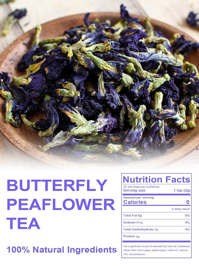 TeeLux Butterfly Pea Flower Tea, Non-GMO, Pure Natural Butterfly Pea Tea, Premium Dried Butterfly Pea Flower for Blue & Purple Drinks and Food Coloring, 1.76 Oz