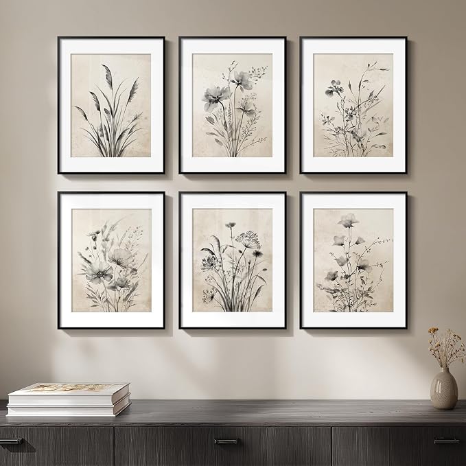 Framed Vintage Black and White Boho Botanical Wall Art, 6 Piece 11x14 In | Retro floral painting, Canvas prints with mat, Farmhouse neutral rustic flower artwork, Living room kitchen bedroom pictures