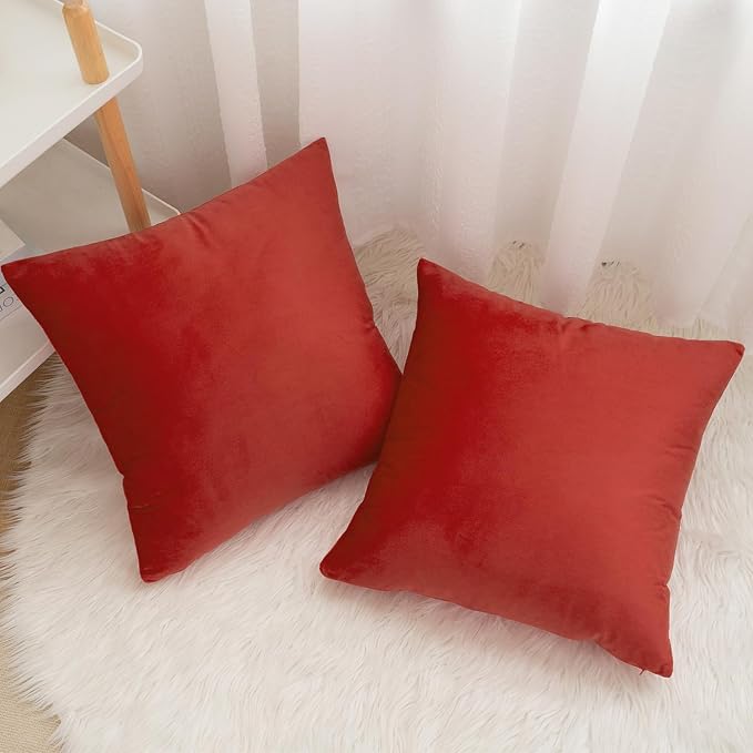 Velvet Decorative Throw Pillow Covers, Soft Square Cushion Case Home Decor for Living Room Couch Bed Sofa, Set of 2 Pack, Red, 24x24 Inch