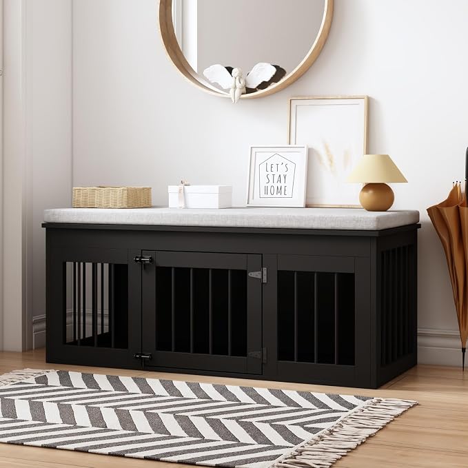 47.2" Large Dog Crate Furniture for Small Medium Dogs, Black | Indoor Furniture Style Wooden Dog Crate Kennel Cage House, End of Bed Bench Ottoman with Cushion,for Bedroom, Living Roome