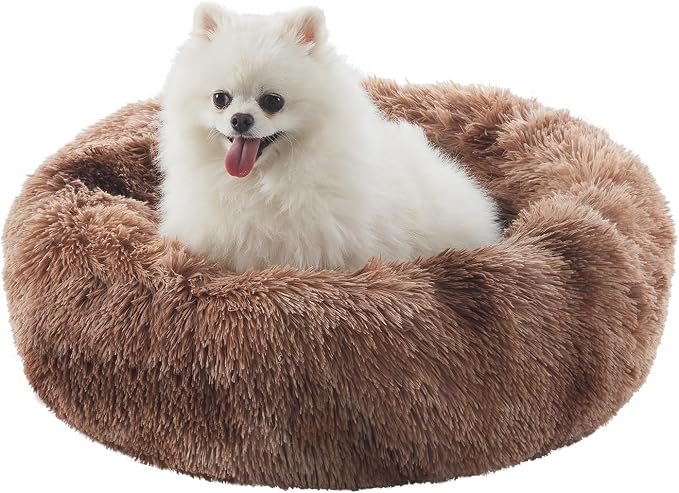 23 in Faux Fur Fluffy Donut Dog Bed for Small Dogs,Tie-dye Brown | Calming Plush Round Puppy Pet Bed with Removable & Washable Cover,Fits up to 25 lbs Pets