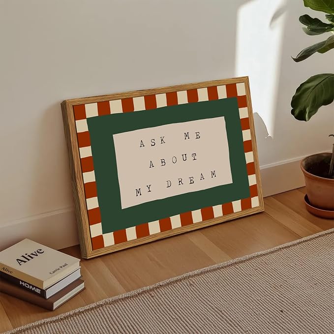 Framed Ask Me About My Dream Wall Art, Retro Red Green Checkered Pictures Wall Decor, Mid Century Modern Minimalist Text Paintings Canvas Prints for Home Living Room Bedroom 12x16 inch