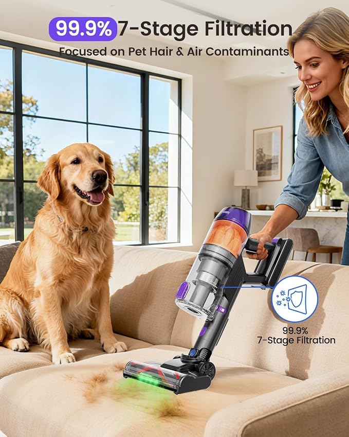 Cordless Vacuum Cleaner, 500W 40KPa 60Mins Vacuum Cleaners for Home, Anti-Tangle Rechargeable Vacuum with Green Light Wireless Vacumm for Pet Hair/Carpet/Hardwood Floor Purple