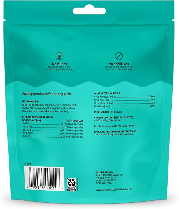 Amazon Basics Freeze-Dried Raw Single Ingredient Dog Treats, Lamb Liver, High Protein, Healthy Training Treats or Meal Topper for All Dogs, Grain-Free, 3.3oz (Previously Wag) (Pack of 2)