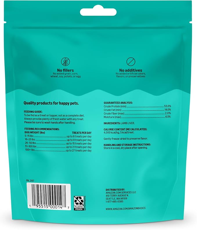 Amazon Basics Freeze-Dried Raw Single Ingredient Dog Treats, Lamb Liver, High Protein, Healthy Training Treats or Meal Topper for all Dogs, Grain-Free, 3.3oz (Previously Wag)