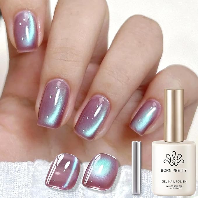 BORN PRETTY Cat Magnetic Eye Gel Nail Polish,Hyacinth Purple Jelly Glass Magnetic Gel Polish,Glitter Soak Off Nail Art Salon Manicure Home Gift 15ml