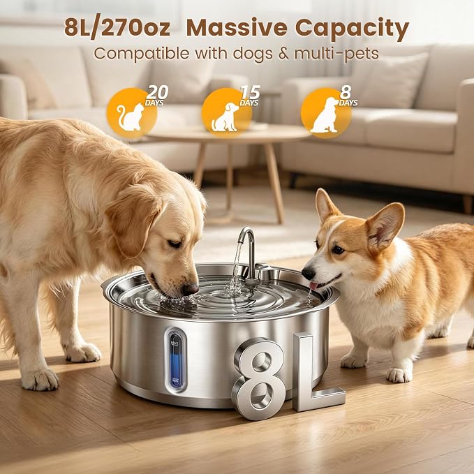 Invengo 8L/270oz Quiet Stainless Steel Dog Water Fountain, 12 Filters | 50% Thicker 6mm Steel, Dual Filters, 6-Layer Deep Purification, Under 25dB Whisper-Quiet Operation, 2 Flow Modes