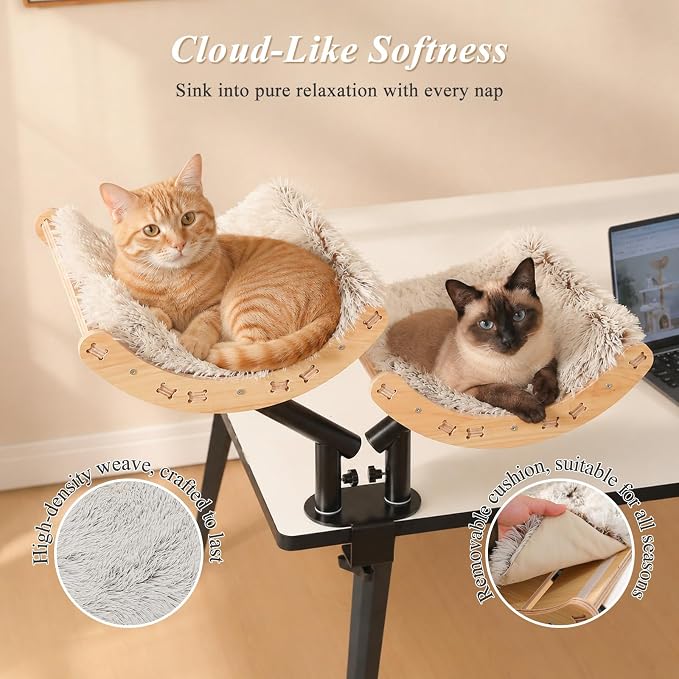 PEQULTI Desk Cat Bed for 2 Cats, 2-Tier 360° Rotating Cat Hammock, Beige | Clamp-on desk-edge perch holds 50 lbs wobble-free; removable washable cushion; bunk bed for 2 cats; no-drill, furniture-safe