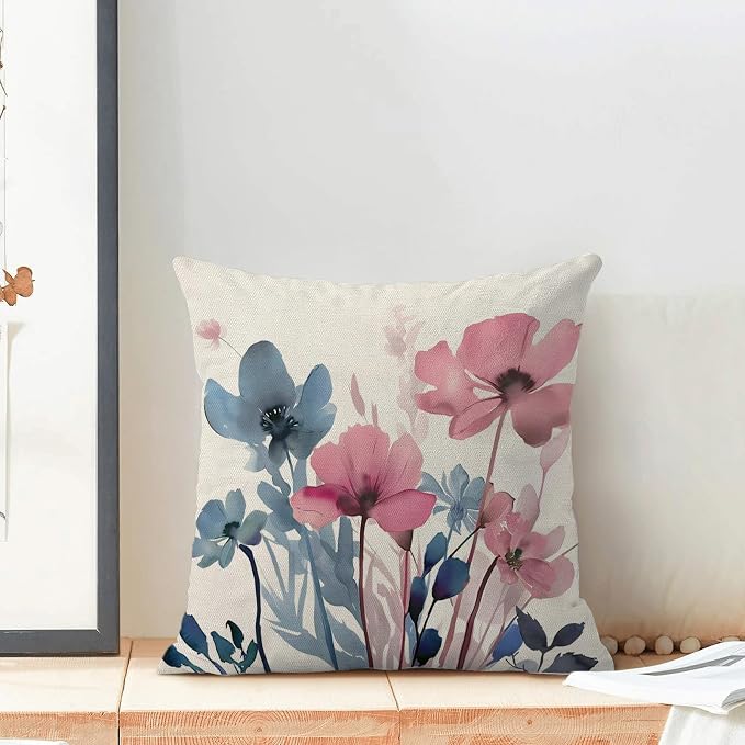 Spring Floral Pillow Covers 18x18 Inches Set of 2 Pink Blue Floral Throw Pillow Covers Outdoor Rustic Summer Flower Decor Pillowcase Farmhouse Decorative Square Cushion Cover for Sofa Couch