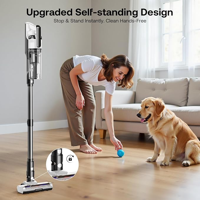 Trucozie Cordless Vacuum Cleaner, Self-Standing Lightweight Stick Vacuum with 50 mins Runtime, Powerful Suction, Anti-Tangle Wireless Vacuum for Home, Hardwood Floor, Carpet, Pet Hair, White