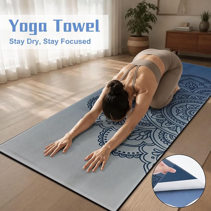 Yoga Mat Towel, Hot Yoga Non Slip with 4 Corner Pockets, 74 x 26 in | Soft Absorbent Microfiber With Four Corner Pockets, Fits Over Yoga Mats For Hot Yoga, Pilates, Gym, And Travel