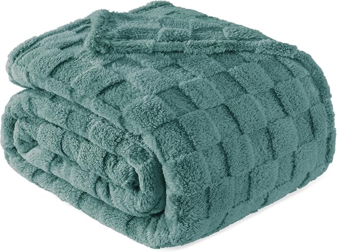 Exclusivo Mezcla 3D Checkered Fleece King Blanket for Bed, Celadon | Super Soft and Cozy Fluffy Blanket, Lightweigh and Breathable Blanket for Living Room, Bedroom, Decor, All Season, 104"x90"