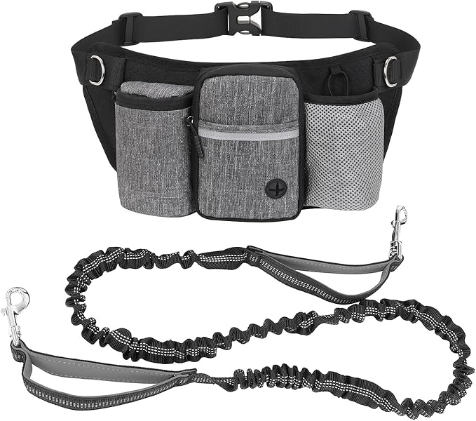 Hands Free Dog Leash Waist Pack with Bungee & Treat Pouch Oxford Water-Resistant Multi-Pocket Belt for Walking Hiking Jogging and Dog Walking (Grey)