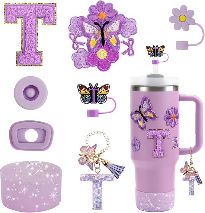 15PCS Cup Accessories Set for Stanley Cup 30oz 40oz Tumbler with Handle, Including Silicone Straw Cover and Boot, Spill Proof Stopper, Stanley Charms, Handle Charm, Initials Sticker