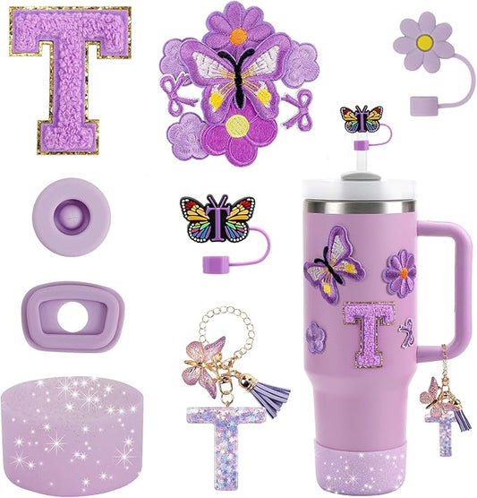 15PCS Cup Accessories Set for Stanley Cup 30oz 40oz Tumbler with Handle, Including Silicone Straw Cover and Boot, Spill Proof Stopper, Stanley Charms, Handle Charm, Initials Sticker