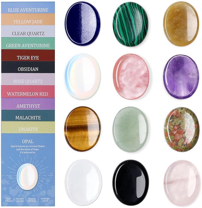 DUQGUHO Worry Stones for Anxiety, Meditation Reiki Relax Thumb Worry Stones, Crystals and Healing Stones Bulk 12PCS, Stress Relief Gifts for Women