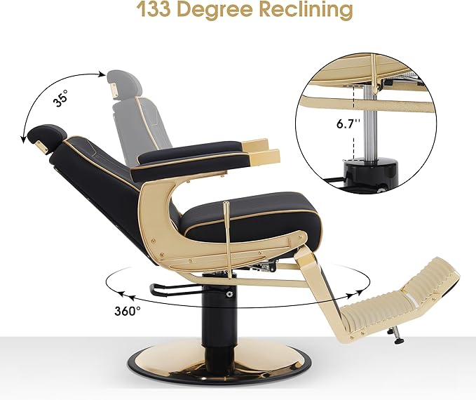 BarberPub Classic Barber Chair, 660Lbs Heavy-Duty Hydraulic Pump, Professional Reclining Salon Chair for Hair Stylist, Gold&Black, Barbershop, Salon&Spa Equipment for Adult 8334 (Black) (Black&Gold)