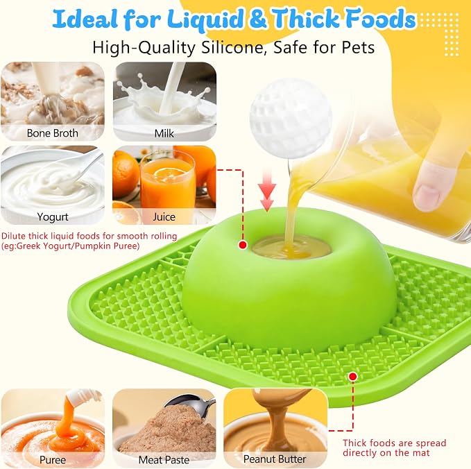 Slow Feeder Dog Bowls & Lick Mat for Liquid and Thick Treat, Anti-Slip Dog Lick Bowl with Interactive Rolling Ball, 5/6 Cup Pup Licking Toy for Large Medium Small Dogs and Cats-Large Green