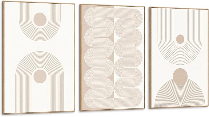 SAFERRYHOME Boho Neutral Abstract Beige Modern Wall Art Set of 3,16"x24" | Mid Century Neutral Framed Canvas Print Modern Wall Decor,Geometric Line Artwork for Living Room Bedroom Office,Ready to Hang