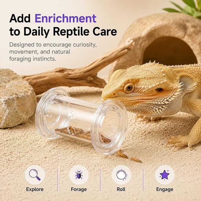2 Pack Reptile Rolling Feeders with 2 Feeding Tweezers, Transparent Mealworm Treat Dispenser Toy for Bearded Dragons, Leopard Geckos, Lizards and Small Reptiles