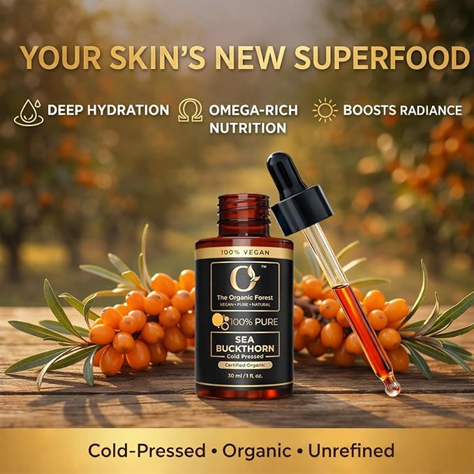 Organic Sea Buckthorn Oil Cold Pressed - 100% Pure Seabuckthorn Oil for Face, Skin & Hair | Anti-Aging, Acne & Dry Skin Care