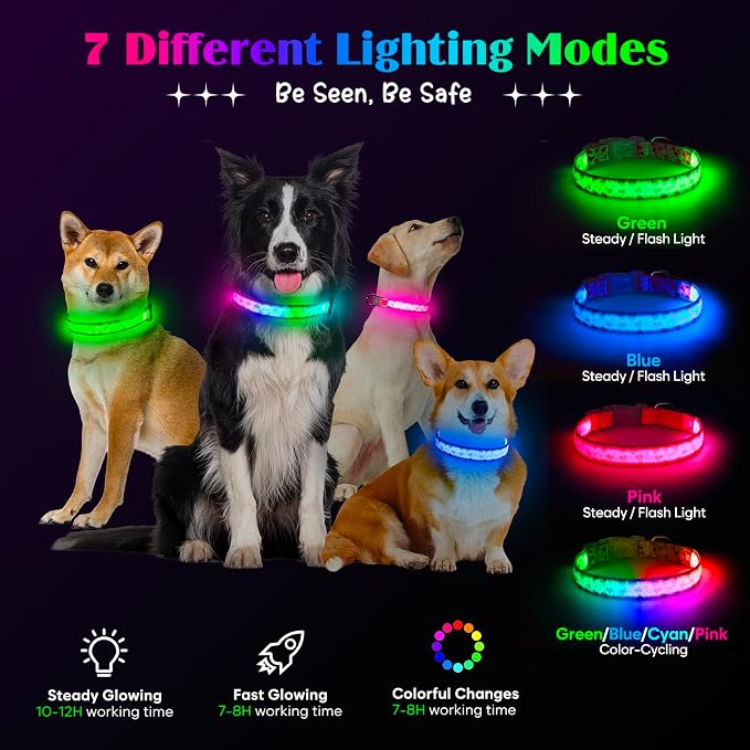 Light up Dog Collar Rechargable - Multicolor LED Dog Collar, 7 Colors Safety Dog Lights with Battery Indicator, Waterproof and Adjustable Heart Print Glow Collar for Dogs (Pink Heart, M)