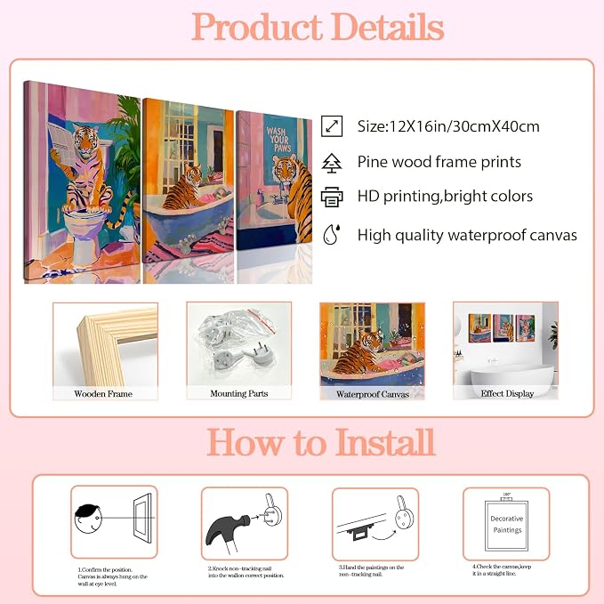 Funny Tiger Bathroom Wall Art Set of 3 Whimsical Tiger in Bathtub Canvas Wall Decor Painting Maximalist Animal Bathroom Poster Print Aesthetic 12x16 inch Framed