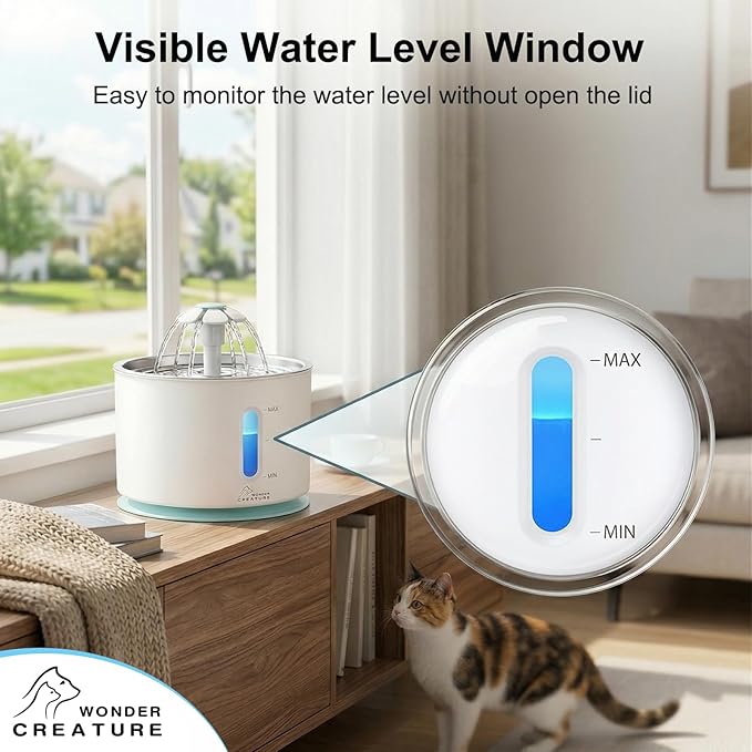 Wonder Creature Cat Water Fountain Stainless Steel Lid with 4 Filters, 81oz | 2.4L Pet Fountain with 4 Filters, 4 Sponges, Quiet Pump, Water Level Window, Stainless Steel Lid for Cats and Dogs