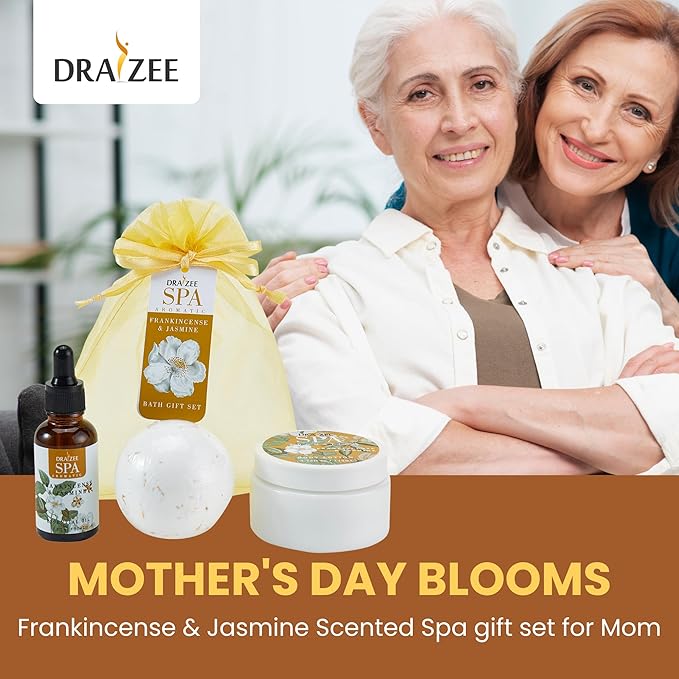 Mother’s Day Gift Baskets for Women- 3 Pcs Frankincense & Jasmine Scented Bath and Body Spa Self Care Kit, Relaxing Bath and Body Set, Home Spa Gifts for Her by Draizee