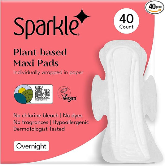Sparkle Sanitary Pads for Women Overnight, Plant-Based Maxi Pads with Wings | Feminine Pads | Organic Pads | Period Pad Softer Than Cotton Pads, Heavy Absorbency, Unscented (Overnight Pads, 40 Count)