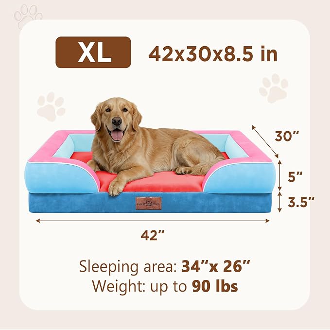 Comfort Expression Orthopedic Dog Bed for Extra Large Dogs with Bolster | Waterproof Dog Couch Bed with Washable Cover & Non-Slip Bottom, Supportive Egg Crate Foam XL Pet Bed, 42x30 Inch