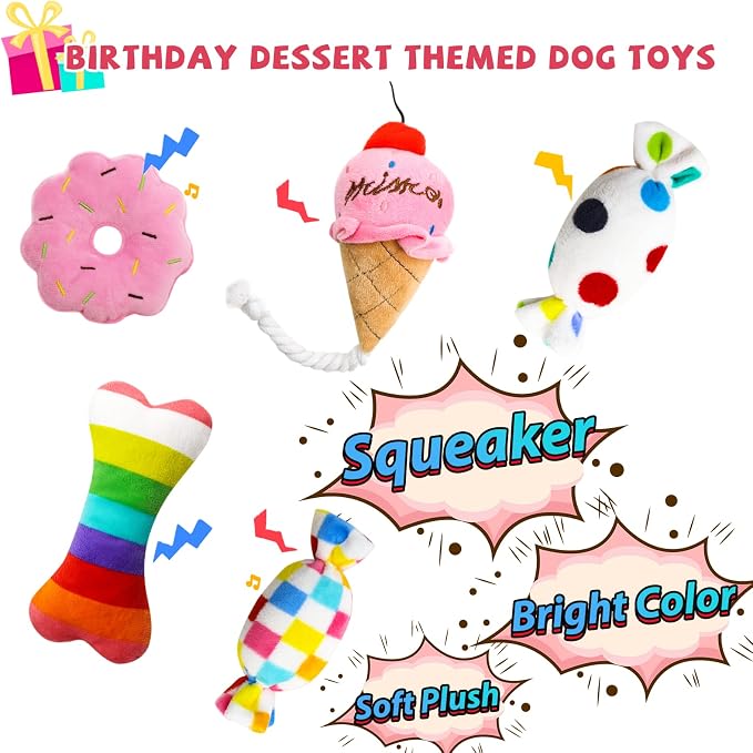 lilfrd 9Pcs Pink Dog Birthday Toy Set, Squeaky Hat Bandana Gift for Dogs