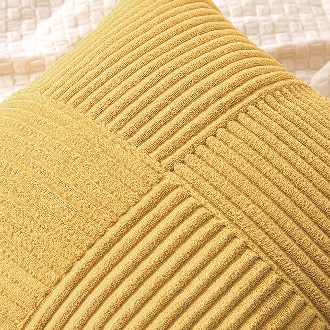 MIULEE Golden Mustard Decorative Throw Pillow Covers for Couch 16x16 Inch | 2 Pack, Boho Farmhouse Pillow Covers, Soft Cross Corduroy Patchwork Textured Cushion Cases For Bed Sofa