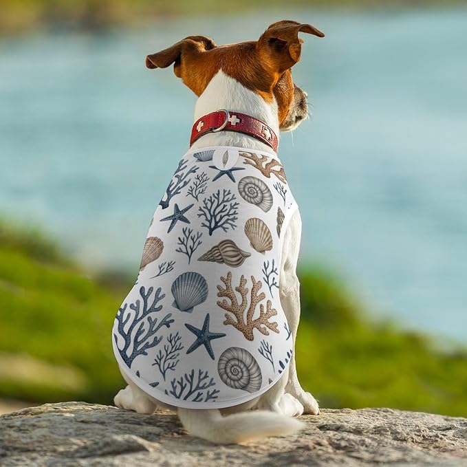 Fashion Cat Shirt Dog Tank Tops Pet Soft Breathable Clothes Cute Decor Ocean Shells Starfish Coastal Blue Grey Beige Brown White