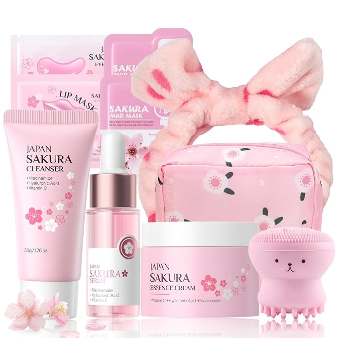 Gentle Milk Skincare for Girls 10-12, Kids Skin Care Set for Girls Ages 8-12, Milk Skincare Kit with Cleanser, Serum, Cream, Masks, Travel-Friendly & Hydrating Skincare for Teens (10 PCS, Sakura)