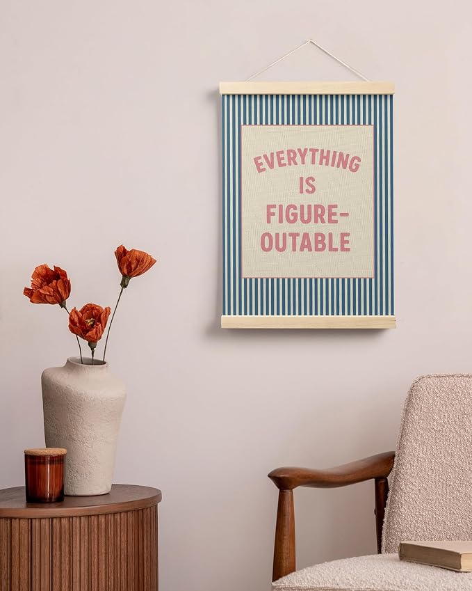 FGFK Everything is Figureoutable Positive Affirmations Wall Art Poster Hanger Frame, Retro Pink and Blue Inspirational Striped Canvas Prints Framed Wall Decor for Office Classroom Home, 12x16 Inch