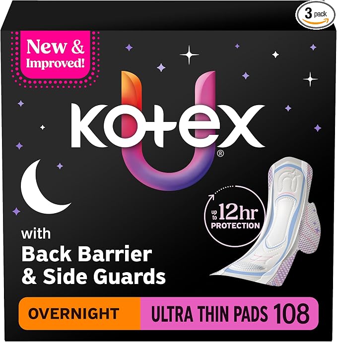 Kotex Ultra Thin Overnight Pads with Wings, Heavy Absorbency, 108 Count (3 Packs of 36)(Packaging May Vary)